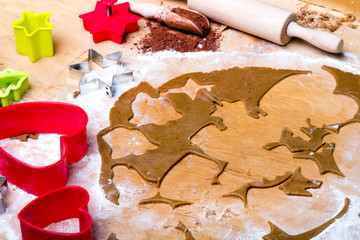 Preparing Christmas gingerbread cookies. Gingerbread dough and cookies ingredients.