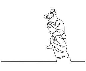Continuous Line Art Drawing. Happy young father with little daughter on shoulders. Vector Illustration
