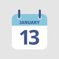 Flat icon calendar 13th of January isolated on gray background. Vector illustration.