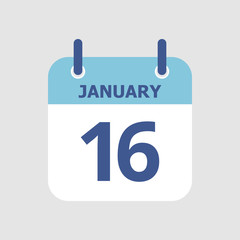 Flat icon calendar 16th of January isolated on gray background. Vector illustration.
