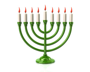 Green Hanukkah menorah with burning candles