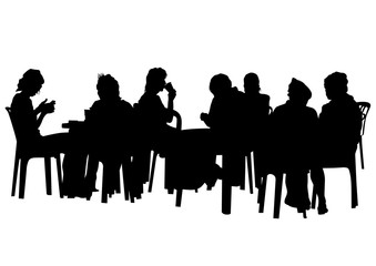 People in urban cafe on white background