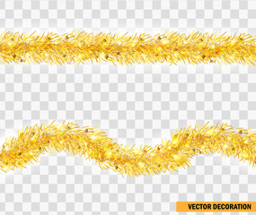 Christmas festive traditional decorations golden lush tinsel. Xmas ribbon garland isolated. Holiday realistic decor element. Tinsel for christmas tree. Straight and curved festive frippery. Vector.