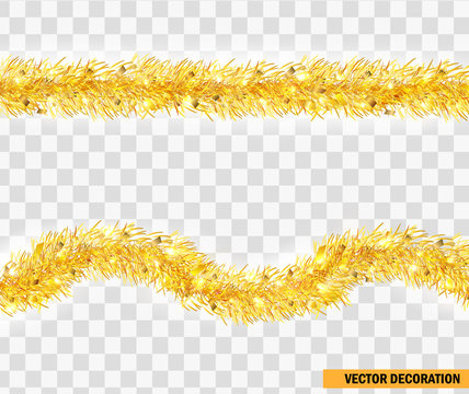 Christmas festive traditional decorations golden lush tinsel. Xmas ribbon garland isolated. Holiday realistic decor element. Tinsel for christmas tree. Straight and curved festive frippery. Vector.