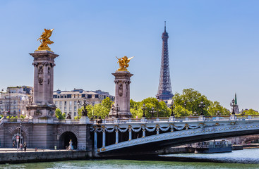 Alexander III Bridge across the Seine. Eiffel Tower.  Paris, France. View from the water