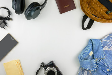 Flat lay traveling accessories with copy space
