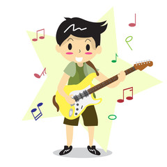 Young boy playing Electric guitar Happy Love music Star Background character design illustration vector in cartoon style