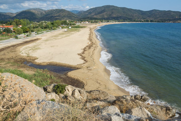 Panoramic view of Sykia Beach at Sithonia peninsula, Chalkidiki, Central Macedonia, Greece