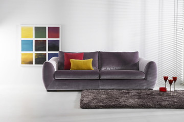 decorative white living room and purple sofa
