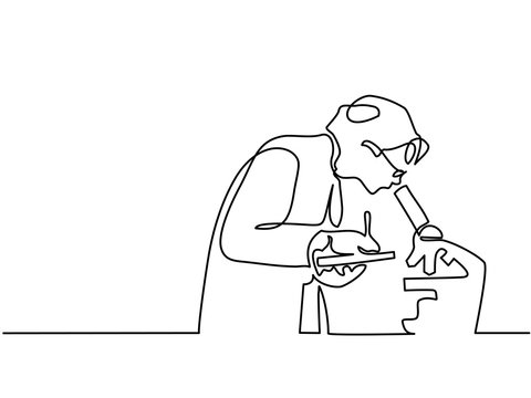 Scientist Woman Looking Through Microscope In Laboratory. Continuous Line Drawing. Vector Illustration On White Background