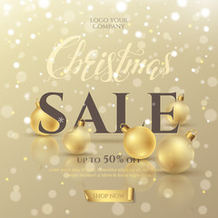 Vector golden luxury background for design of posters and banners for Christmas sales with gold xmas toys. Elegant holiday template for discount offers with effect bokeh and snow.
