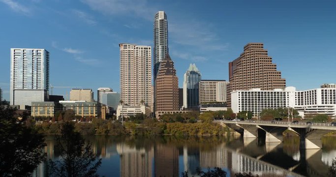 A day, sunny exterior static establishing shot of the Austin, Texas skyline on an early winter afternoon.  	