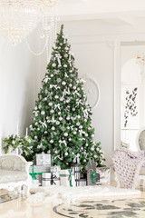Christmas morning. classic apartments with a white fireplace, decorated tree, bright sofa, large windows