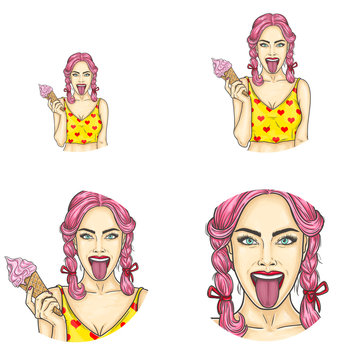 Set of vector pop art round avatar icons for users of social networking, profile icons. Young pin-up girl, teenager with pink hair and sticking out tongue holds waffle cone with ice cream in her hand