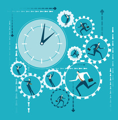 Clock with gears and business people rotating gears