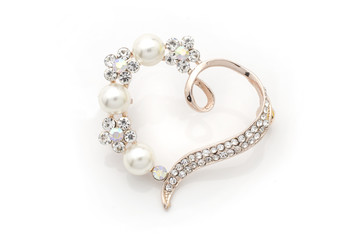 brooch heart with diamonds and pearls isolated on white