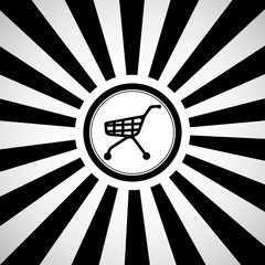 A shopping cart icon is depicted against a background of black and white rays