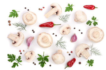 mushrooms with parsley leaf garlic and peppercorns isolated on white background. top view