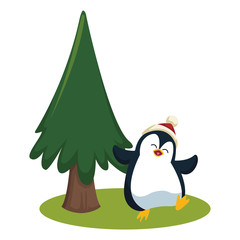 Penguin and christmas tree cartoon
