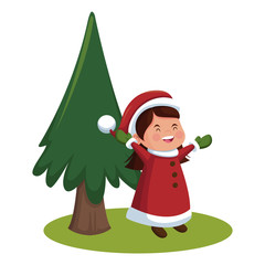 Cute girl and christmas tree cartoon