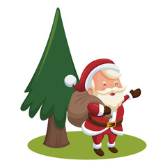 Cute santa claus and tree cartoon