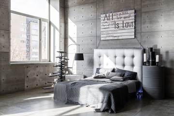 Modern empty bedroom in loft style with grey colors and wooden hand made Christmas tree with...