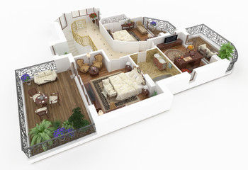 Fototapeta na wymiar 3d model of furnished home apartment