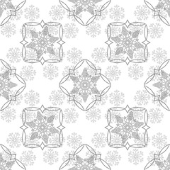 Seamless geometric pattern with snowflakes. Flat black elements on white background.