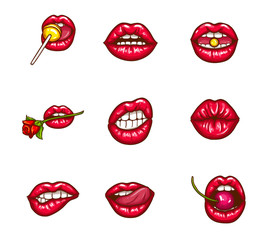 Fototapeta premium Set of sexy female lips in red glossy lipstick, seductive, kissing, bitten, with tongue, lollipop, cherry, rose, candy. Glamour mouths isolated on white background. Pop art style vector illustration