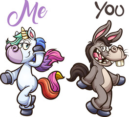 Unicorn and donkey posing. Vector clip art illustration with simple gradients. Each on a separate layer.  © Memoangeles