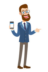 Hipster Businessman holding mobile phone and pointing something beside of him