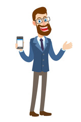 Hipster Businessman holding mobile phone and gesticulating