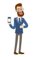 Hipster Businessman showing thumb up and holding mobile phone
