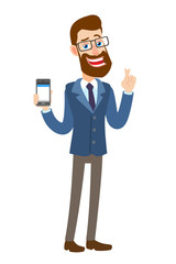 Hipster Businessman with crossed fingers holding mobile phone