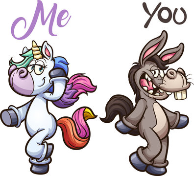 Unicorn and donkey posing. Vector clip art illustration with simple gradients. Each on a separate layer. 