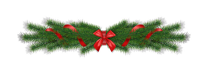 Naklejka na ściany i meble Christmas 3d realistic vector pine branches with red ribbon