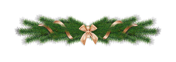 Christmas 3d realistic vector pine branches with golden ribbon.