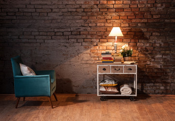 modern brick wall reading corner interior concept and lamp