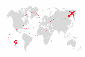 Airplane path in dotted line shape on world map. Route of plane with world map isolated on white background