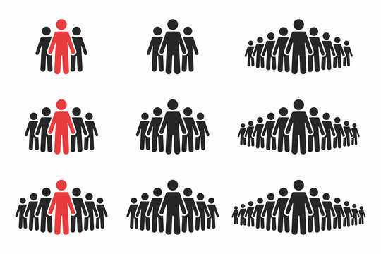 People icon set. Crowd of people in black and red colors. Group of people in pictogram shape