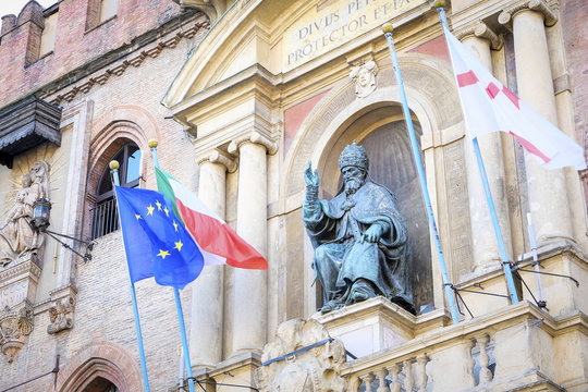 BOLOGNA , ITALY - may, 29, 2017: Pope Gregory XIII statue on King Enzo palace at Bologna main square