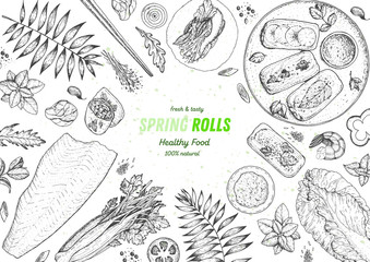 Asian food menu design template. Spring rolls and ingredients for spring rolls vector illustration. Vietnamese food top view frame. Vintage hand drawn sketch vector illustration. Engraved image.