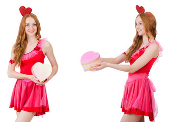 Pretty young model in mini pink dress holding gift box isolated 