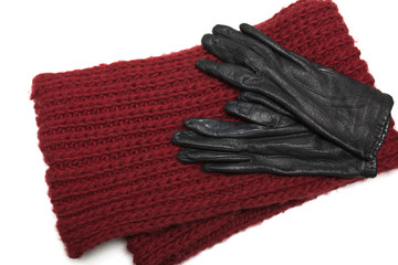 Set of knitted scarf and leather gloves on white background