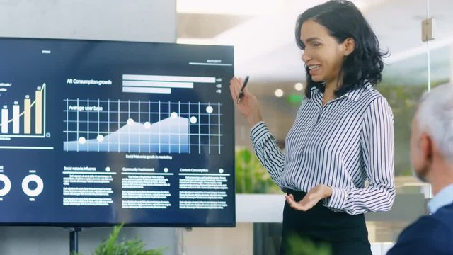 Beautiful Businesswoman Gives Report/ Presentation to Her Business Colleagues in the Conference Room, She Shows Graphics. Shot on RED EPIC-W 8K Helium Cinema Camera.