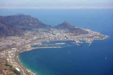 Aerial view of Cape Town in South Africa with the Table Mountain in the background