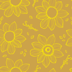 Sunflower. Vector hand drawn sunflowers seamless pattern on yellow background.Great for label, poster, web, packing