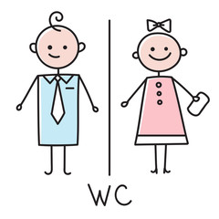 WC icon. Toilet door plate icon. Bathroom plate. Men and women WC sign for restroom. Colored sketch on white background