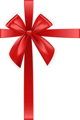 Red realistic bow for gift box on white background. Silk ribbon, 3d gift bow tie for Christmas, New Year, holidays.