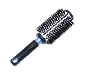 Aluminum barrel round hairbrush with boar bristles isolated on white background